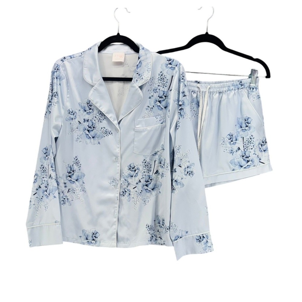 Le Rose Satin PJ Set Small Blue Floral Bridal Romantic Wedding Briddesmaid Photo - Picture 1 of 16